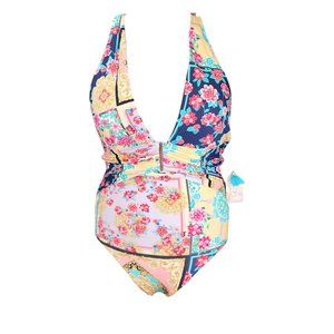 NEW JOHNNY WAS Floral One Piece Swimsuit Twist Keyhole Halter Neck MSRP $218